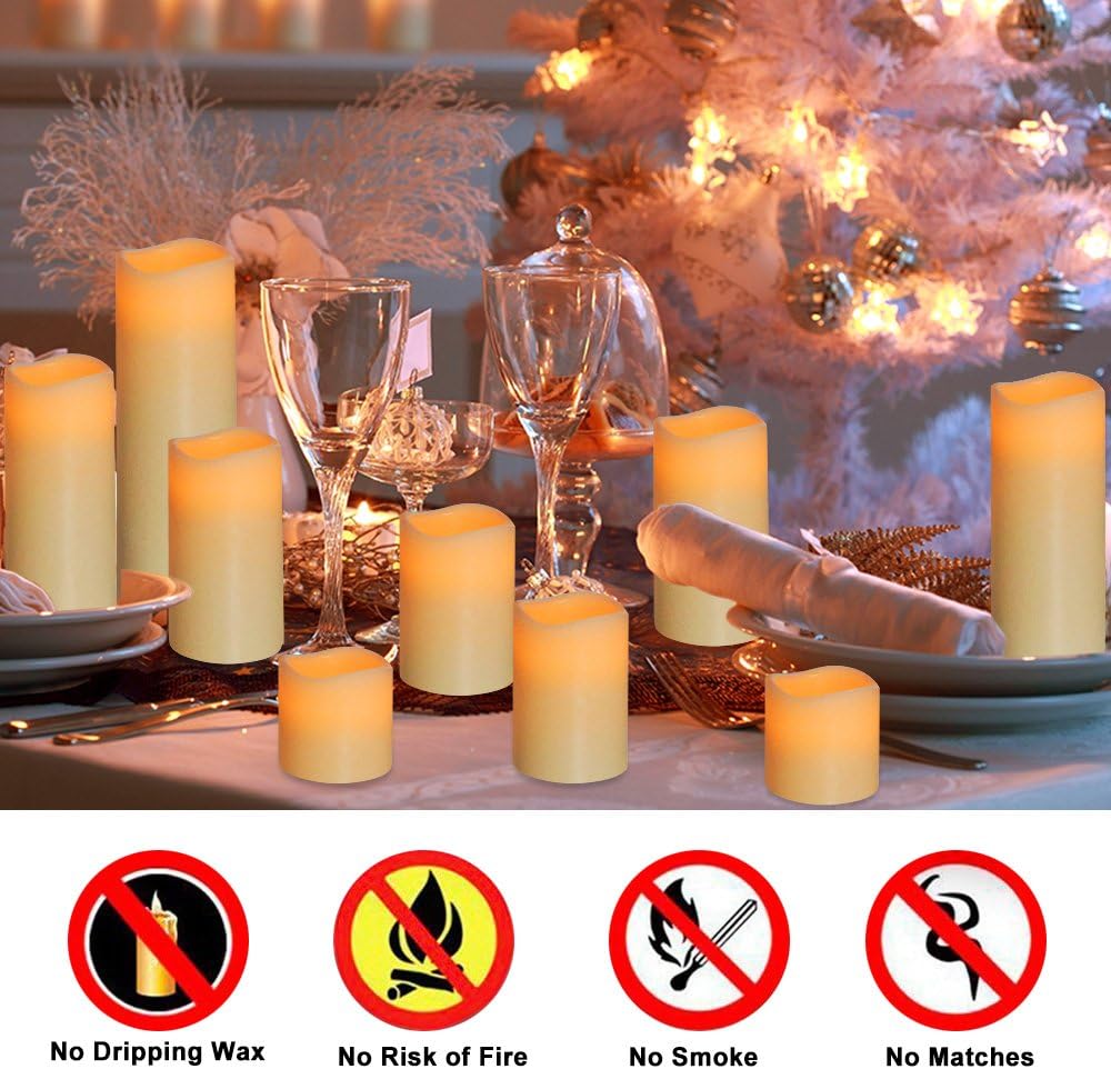 RY King Large Flameless Candle Set of 9 (D 3" x H 3", 3", 4", 4", 5", 5", 6", 7", 8") Battery Operated LED Pillar Real Wax Candles with Remote Control Timer