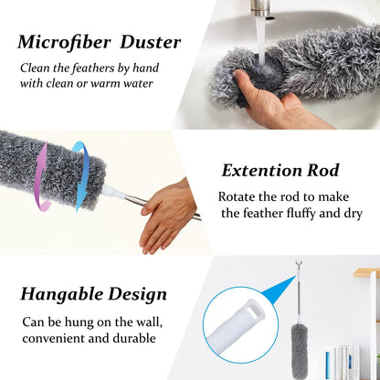100" Extra-Long Microfiber Feather Duster, Extendable Pole Dusters, Telescoping Cobweb Duster for Cleaning, Bendable and Washable Microfiber Head, Cleaner for High Ceiling, Fan, Furniture