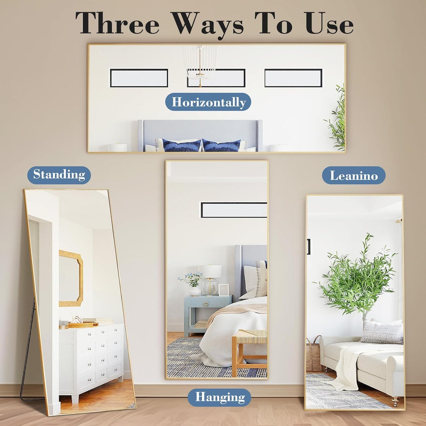 59"x16" Arched Full Length Mirror, Full Body Mirror with Leaning or Standing, Floor Standing Aluminum Frame for Bedroom, Livingroom, Cloakroom, Black