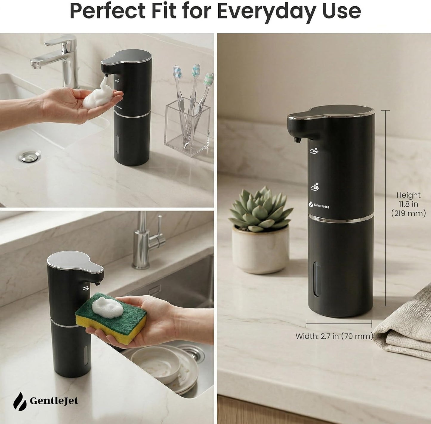 GentleJet JetFoam Automatic Foam Soap Dispenser – Touchless Sensor, USB-C Rechargeable, Adjustable Output, IPX5 Waterproof, 300 ml, Bathroom & Kitchen Countertop