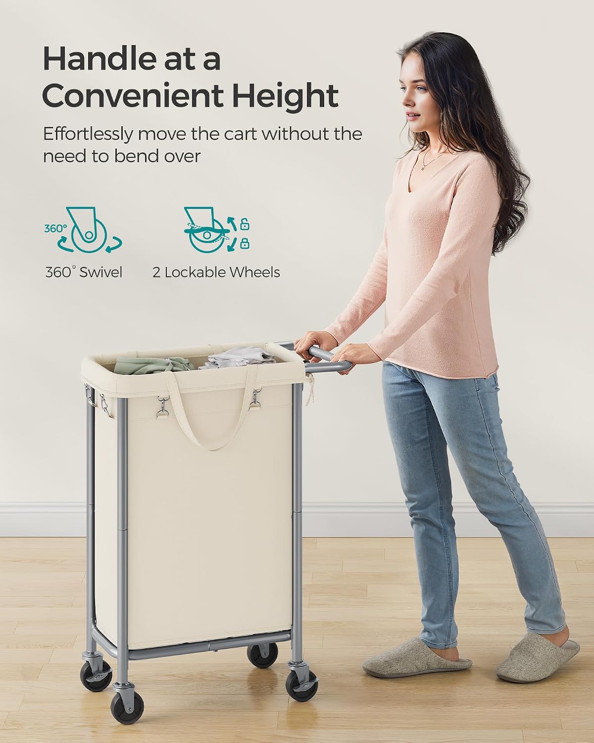 SONGMICS Laundry Basket with Wheels, 3-Section Rolling Laundry Hamper, 52.8 Gallons (200 L), Removable Liner, Steel Frame with Handle, 35.8 x 15.4 x 31.9 Inches, Cream White URLS005W01
