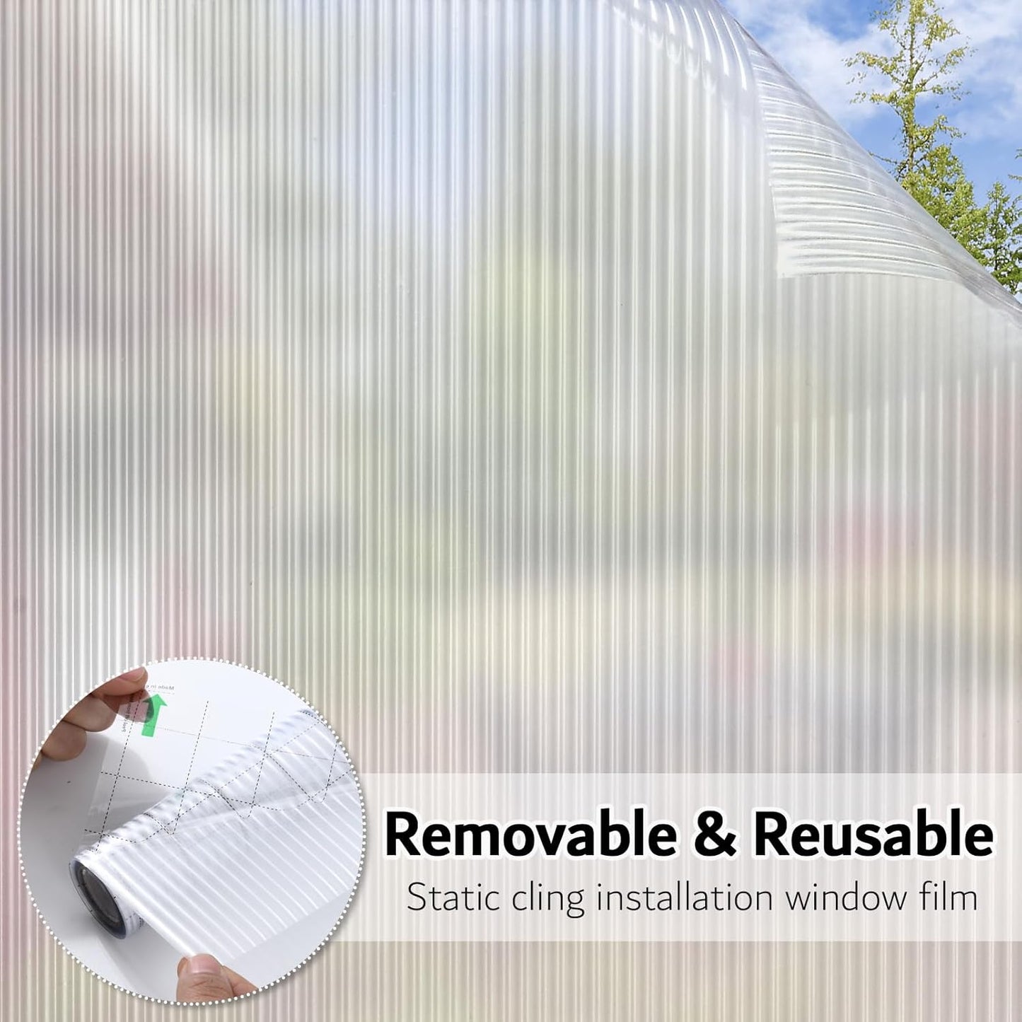 VELIMAX Reeded Glass Window Film, Window Privacy Film, Frosted Window Vinyl, 3D Decorative Decals Non Adhesive for Bathroom Living Room 17.7x78.7 inches