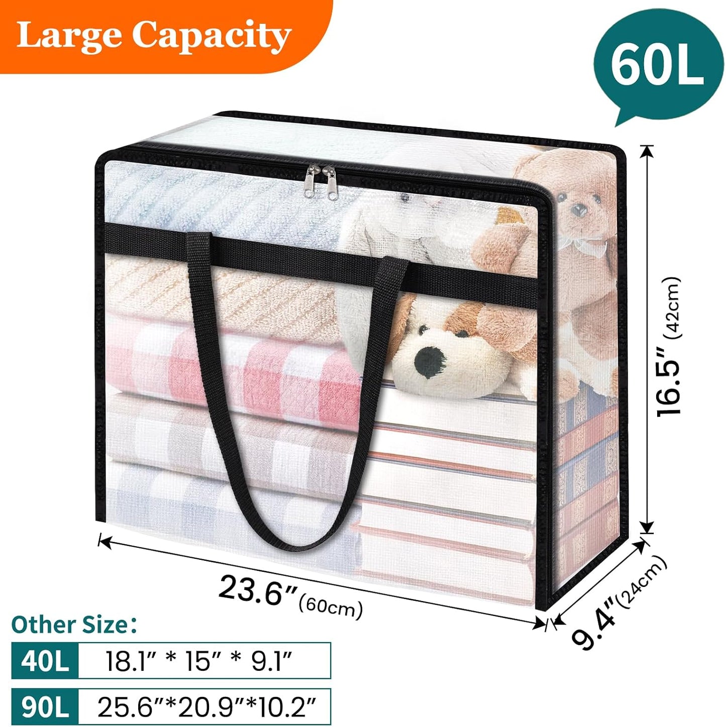 TasticTotes 6 Pack Clear Storage Bags for Comforter, Clothes & Bedding, Plastic Blanket Storage with Zipper and Handle, Moving Bags, Closet Organizer and Under-Bed Storage (40L)