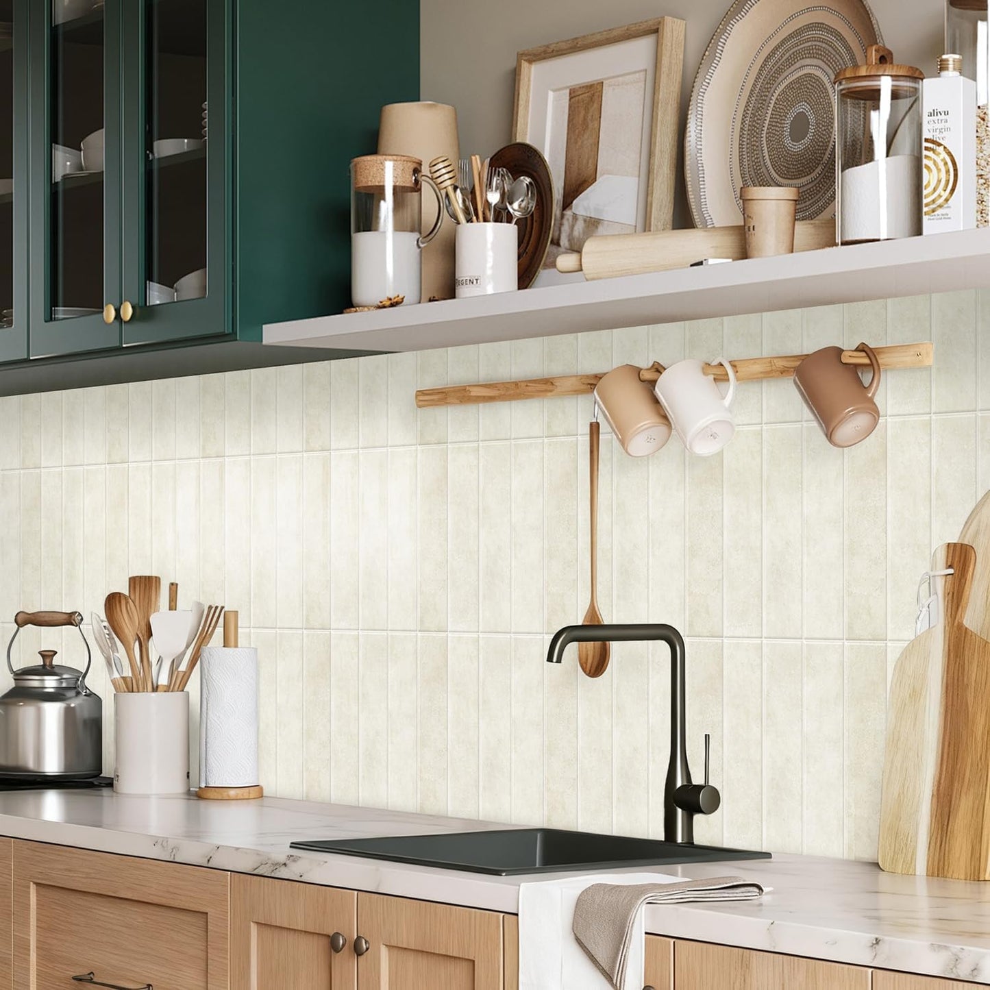 Alwayspon 10 Sheets 12x12inch Beige 3D Vinyl Backsplash Tiles, Self-Adhesive Peel and Stick Wall Tile Stickers Stick on Subway Tiles for Kitchen Bathroom Wall