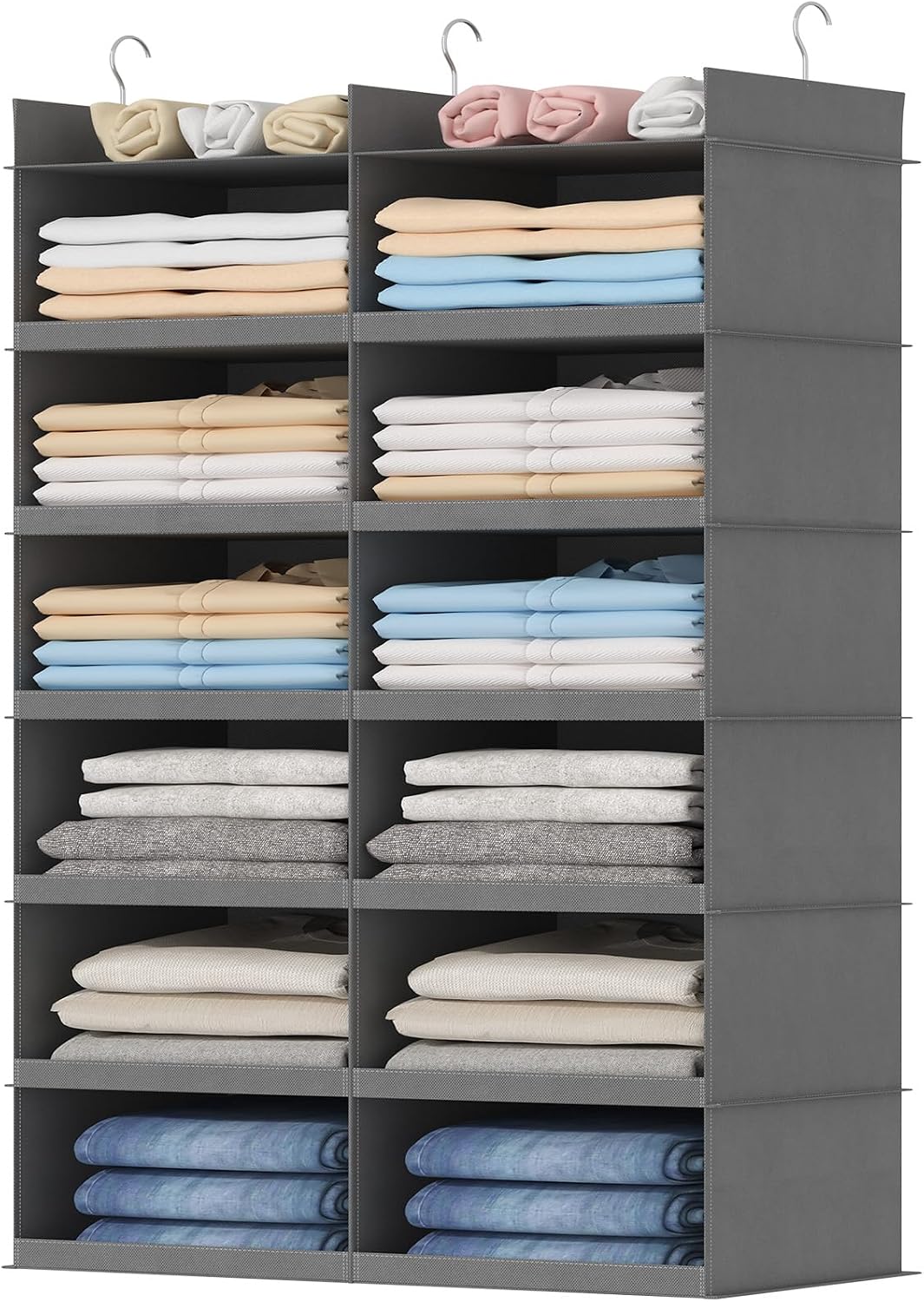 Lifewit Dual-Row Shelf Hanging Closet Organizer and Storage, Clothes Shelves with 3 Sturdy Hooks for Clothing Organization, Foldable Container Hold Up to 24 Sweaters, 4 Tier 8 Sections, Gray