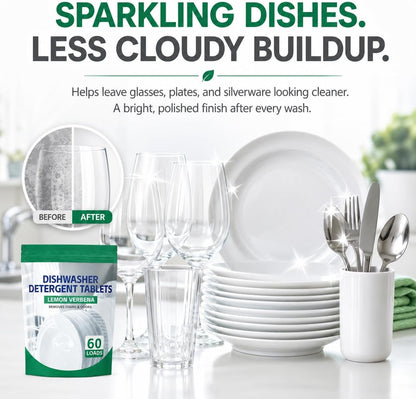 Premium Dishwasher Tablets - Lemon Verbena, 60-Count. Advanced Grease & Odor Removal Formula for Sparkling Clean Dishes. (120 Count (Pack of 2))