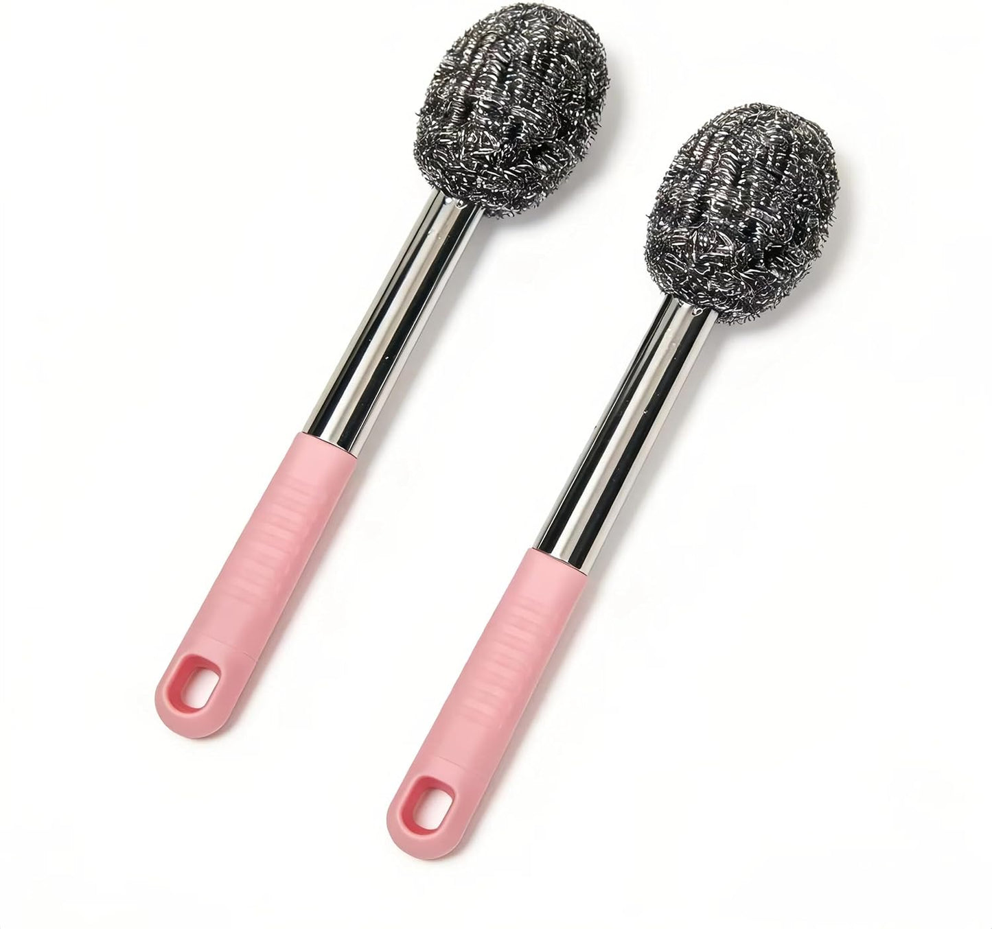 2PCS Steel Wool Scrubber with Handle Rustproof, Cast Iron Scrubber, Stubborn Messes Pot Brush, Remove Dirt for Cleaning Stoves,Sinks Dishes Grills Bowls & Metal Wire Sponge for Kitchens