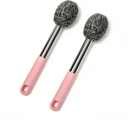2PCS Steel Wool Scrubber with Handle Rustproof, Cast Iron Scrubber, Stubborn Messes Pot Brush, Remove Dirt for Cleaning Stoves,Sinks Dishes Grills Bowls & Metal Wire Sponge for Kitchens