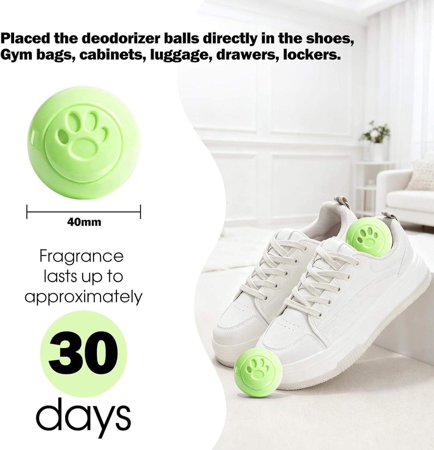 SCENTORINI Shoe Deodorizer Balls, 8 Pack Jasmine Scent Sneaker Deodorizer Balls, Odor Eliminator for Smell Shoes Boots, Long Lasting Shoe Freshener for Gym Bags, Drawers and Small Spaces