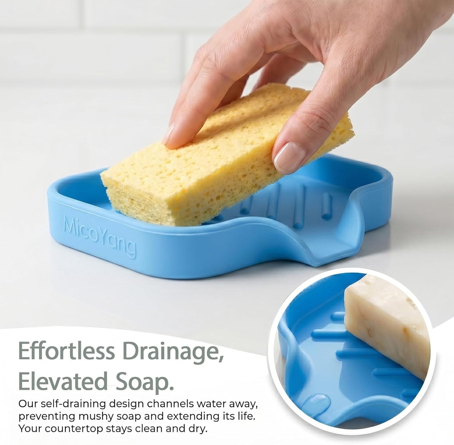MicoYang Silicone Bathroom Soap Dishes with Drain Spout-Bathroom and Kitchen Sink Organizer,Sponge Holder,Dish Soap Tray,Perfect for Dispenser,Scrubber,Bottle,Cup on Sink or Counter-Coffee 4.9"×3.2"