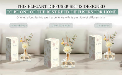 Reed Diffuser Set 8.5 fl oz / 250 ml Glass Bottle with Decorative Flower & Natural Reeds Flameless Home Fragrance for Bathroom Bedroom Office Honeydew Scent