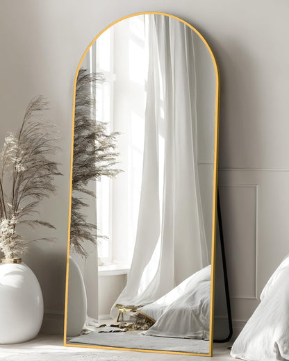 Full Length Mirror with Stand, 71"x28" Arched Full Body Large Stand Up Aluminum Frame Floor Standing Mirror, Freestanding Hanging Leaning Mounted for Bedroom Living Room Entryway Gold