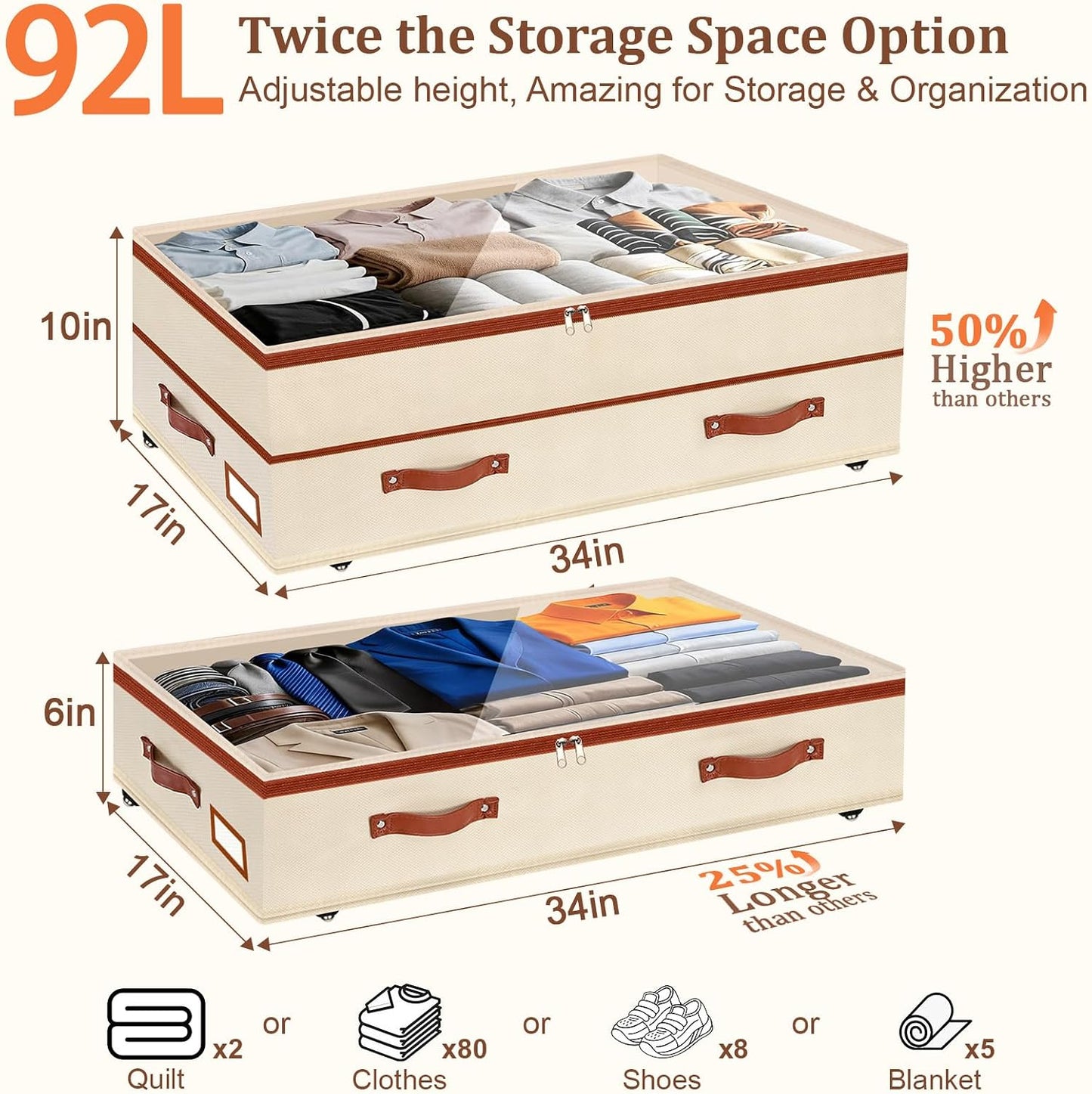 Dolicer 2 Pack Under Bed Storage with Wheels, 6in-10in Height Adjustable Underbed Storage Containers, 92L XXXL Under Bed Drawers Rolling Bin with Clear Lids for Dorm Shoes Clothes Organizers(Grey)
