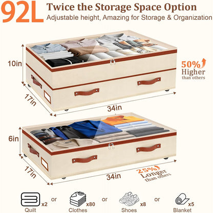 Dolicer 2 Pack Under Bed Storage with Wheels, 6in-10in Height Adjustable Underbed Storage Containers, 92L XXXL Under Bed Drawers Rolling Bin with Clear Lids for Dorm Shoes Clothes Organizers(Grey)