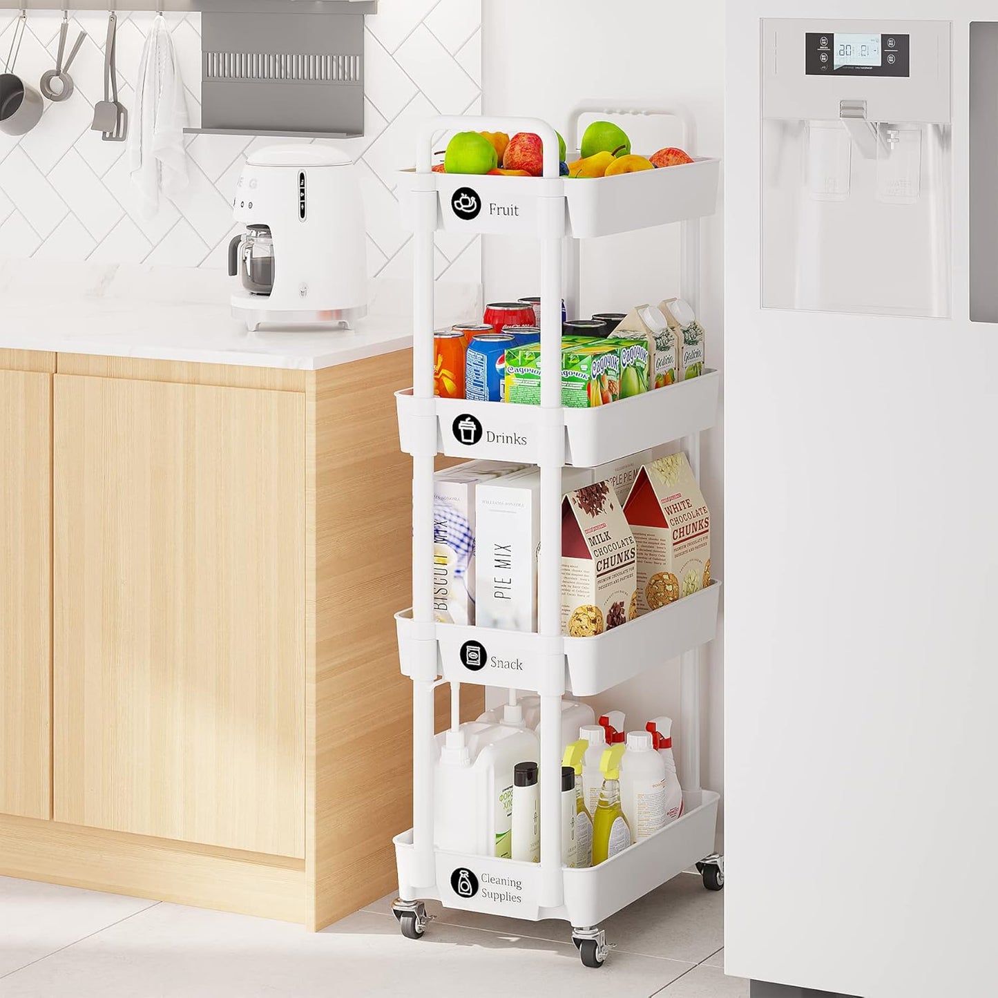 Laiensia 3-Tier Rolling Cart with Wheels,Multifunction Utility Storage Carts, Kitchen Storage Organizer,Mobile Shelving Unit for Bathroom,Laundry,with Classified Stickers,White