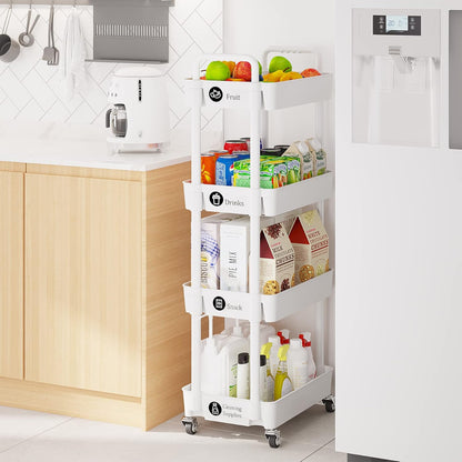 Laiensia 3-Tier Rolling Cart with Wheels,Multifunction Utility Storage Carts, Kitchen Storage Organizer,Mobile Shelving Unit for Bathroom,Laundry,with Classified Stickers,White