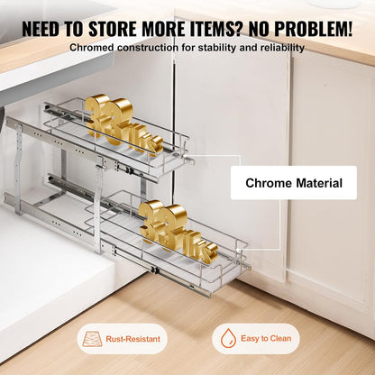 VEVOR Pull Out Cabinet Organizer, 12"W x 21"Dx15.2"H Heavy Duty Slide Out Pantry Shelves, Chrome-Plated Steel Roll Out Drawers for Home,13.5"Wx22"Dx19"H Inside Kitchen Cabinet, Bathroom, Under Sink