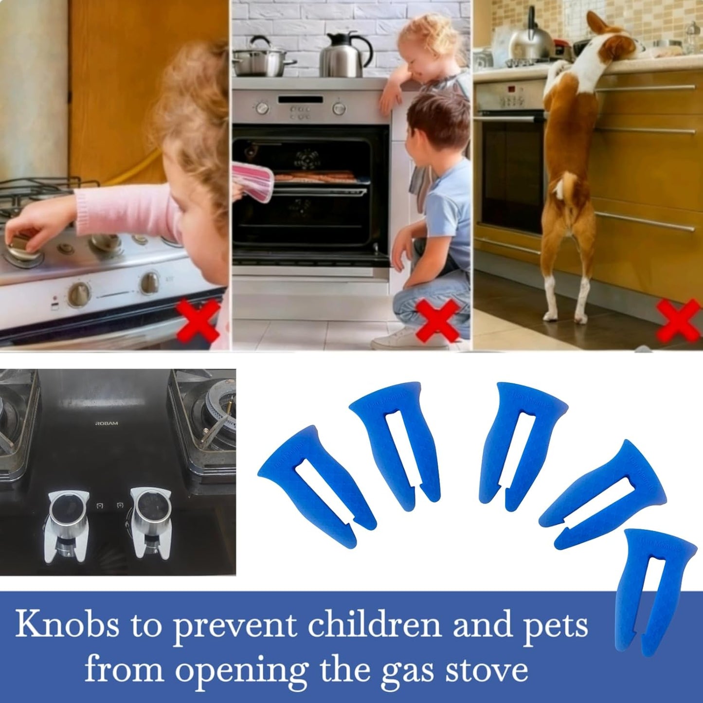 Universal Stove Knob Locks(5 Pack Blue) Child Proof Gas Stove Safety Lock with Key, Easy Install No Tools Needed, Heat Resistant Baby Proofing Essentials for Kitchen Cooktop