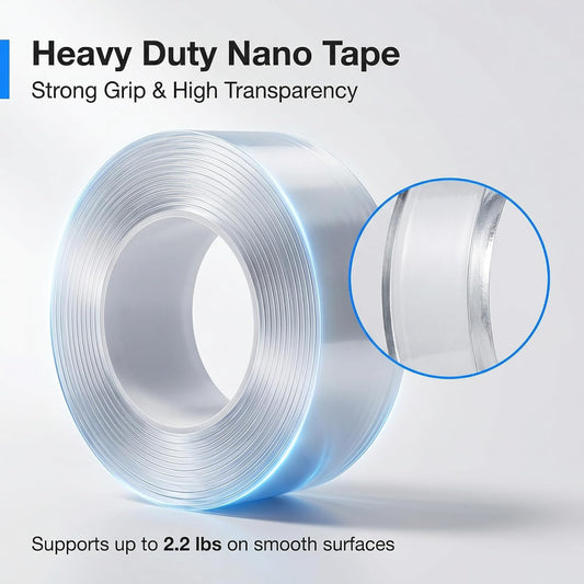 Heavy Duty Double Sided Nano Tape, 1.18 x 160 Inch Removable Washable Mounting Tape, Traceless Clear Strips for Picture Hanging, Home Storage