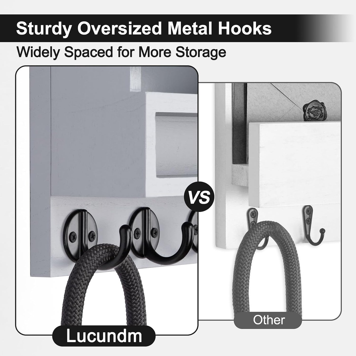Key and Mail Holder Wall Mount, Key Hanger with Long Storage Box and 5 Hooks for Coat, Dog Leash, Home Decor Rack, House Accessories, Entry Way Organizer 11.8”W x 7.8”H x 3.2”D