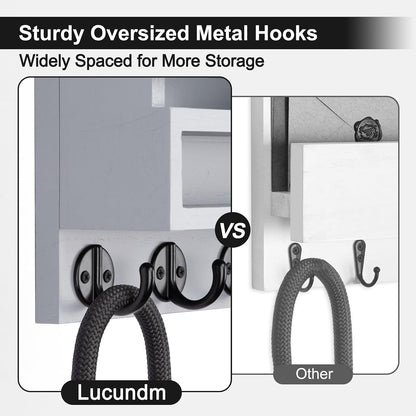 Key and Mail Holder Wall Mount, Key Hanger with Long Storage Box and 5 Hooks for Coat, Dog Leash, Home Decor Rack, House Accessories, Entry Way Organizer 11.8”W x 7.8”H x 3.2”D