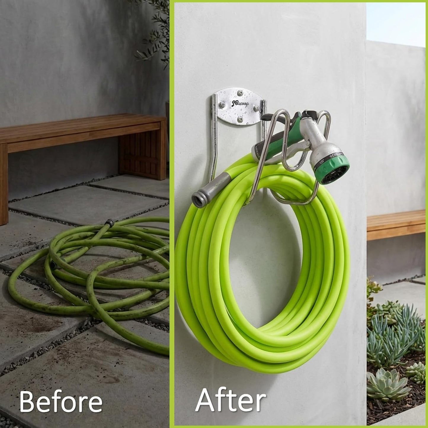 JBscoop Stainless Steel Garden Hose Holder Wall Mount – Silver SUS304 Hose Hanger for Indoor & Outdoor Use