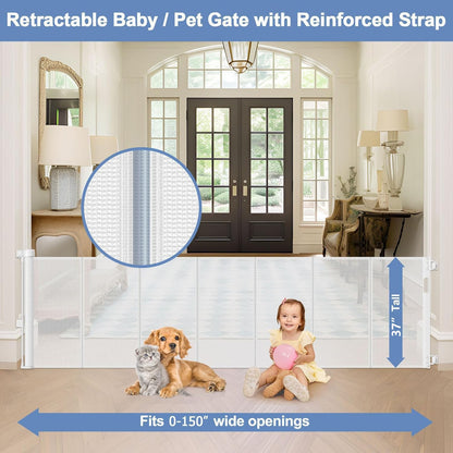 Reinforced Retractable Baby Gates with Support Beam 60" Wide Retractable Dog Gate Indoor Prevent Children and Dogs from Crawling Under Outdoor Dog Gate for Deck Mesh Gates for Kids or Pets, Black