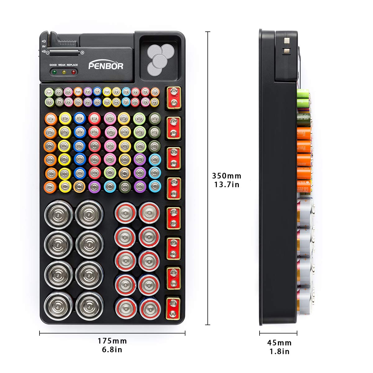 Battery Organizer Storage Case with No Lid Snap, Portable Battery Tester, Just The Right Size Slot with Wall-Mounted Design,Holds 110 Batteries Various Sizes for AAA, AA, 9V, C, D and Butt