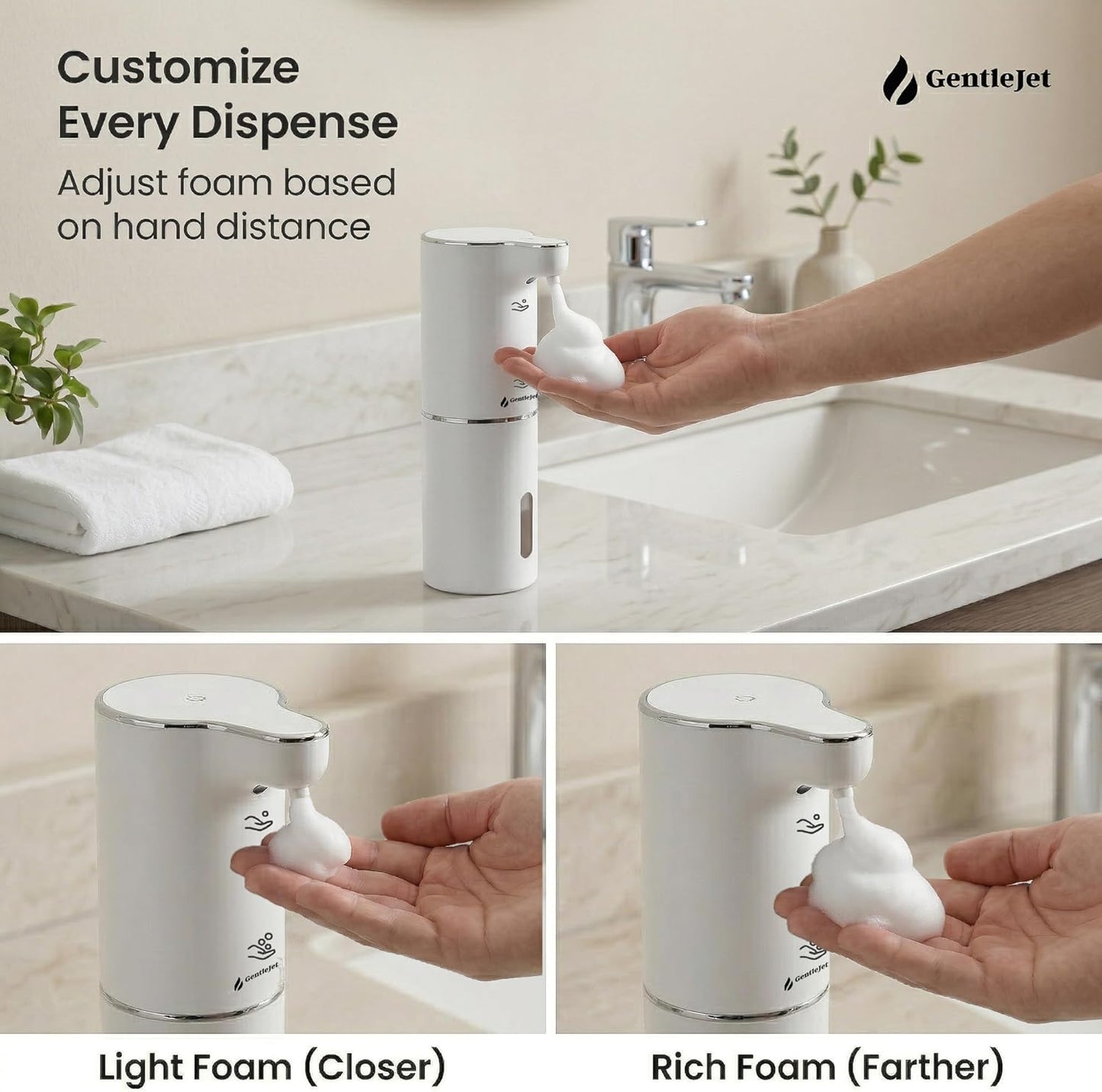GentleJet JetFoam Automatic Foam Soap Dispenser – Touchless Sensor, USB-C Rechargeable, Adjustable Output, IPX5 Waterproof, 300 ml, Bathroom & Kitchen Countertop