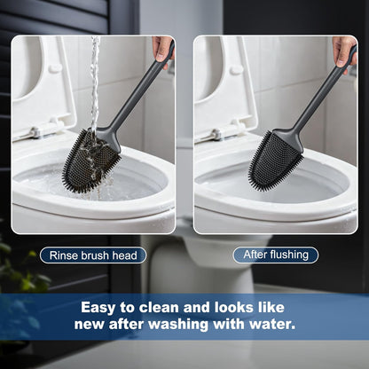 Toilet Brush and Holder Set, Black Silicone Toilet Bowl Brush with Flexible Head, Ventilated Base, Wall Mount, Compact Bathroom Scrubber for RV and Home