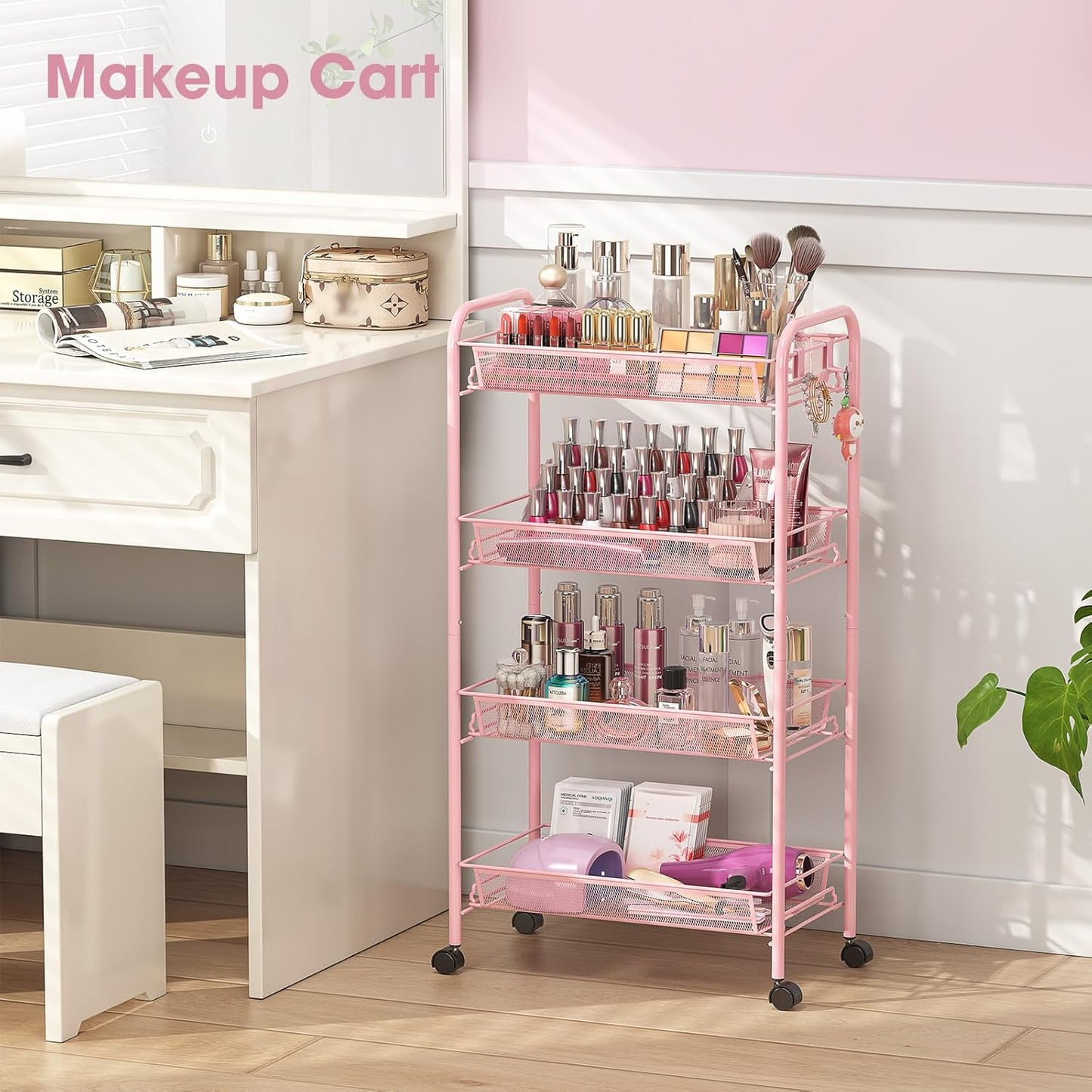 TOOLF 3-Tier Metal Rolling Cart, Mesh Wire Easy Assemble Utility Cart, Storage Trolley on Wheels with 3 Hooks, MetalStorage Shelving Units for Kitchen Bathroom Laundry Room