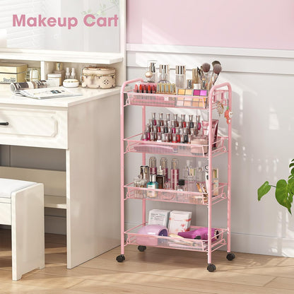 TOOLF 3-Tier Metal Rolling Cart, Mesh Wire Easy Assemble Utility Cart, Storage Trolley on Wheels with 3 Hooks, MetalStorage Shelving Units for Kitchen Bathroom Laundry Room