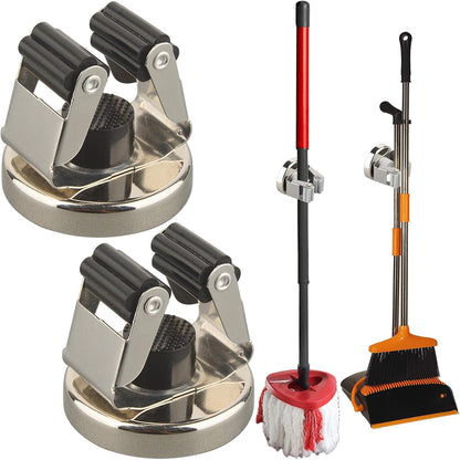 MUTUACTOR Heavy Duty Magnetic Broom Holder,Anti-slip Magnetic Tool Rack with Top Utility Shelf, Easy Assembly Broom Mop Organizer for Refrigerator Metal Cabinet Laundry Room Kitchen,3-Clamps 4-Hooks