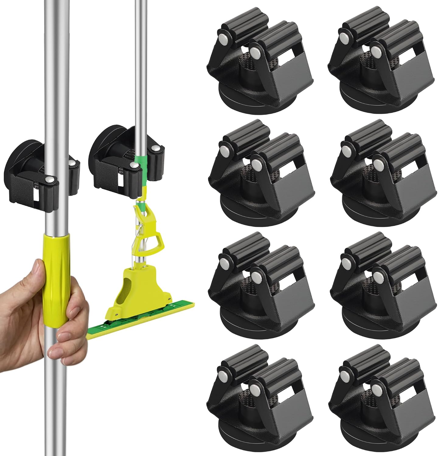 ULIBERMAGNET Magnetic Mop Broom Holder,Heavy Duty Movable Magnetic Broom Holder Rack,Anti-slip Wall Mounted Utility Storage Mop Shovel Hanger for Garage, Kitchen, Laundry, Garden(3 Racks / 4 Hooks)