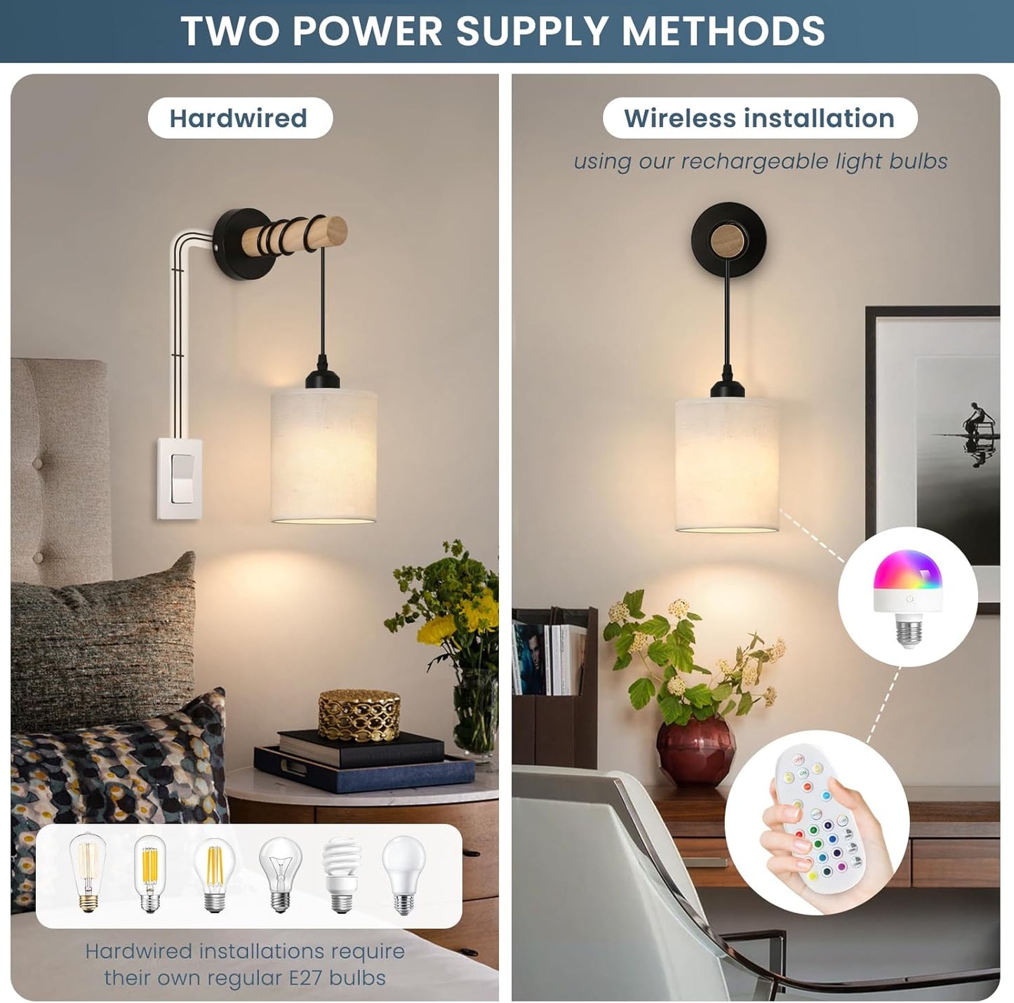Battery Operated Wall Sconces Set of 2,Wireless Wall Sconce with Remote Control,Rechargeable wall Lights with 15 Color Changing,Dimmable Modern Wall Lamp for Bedroom Living Room Hallway