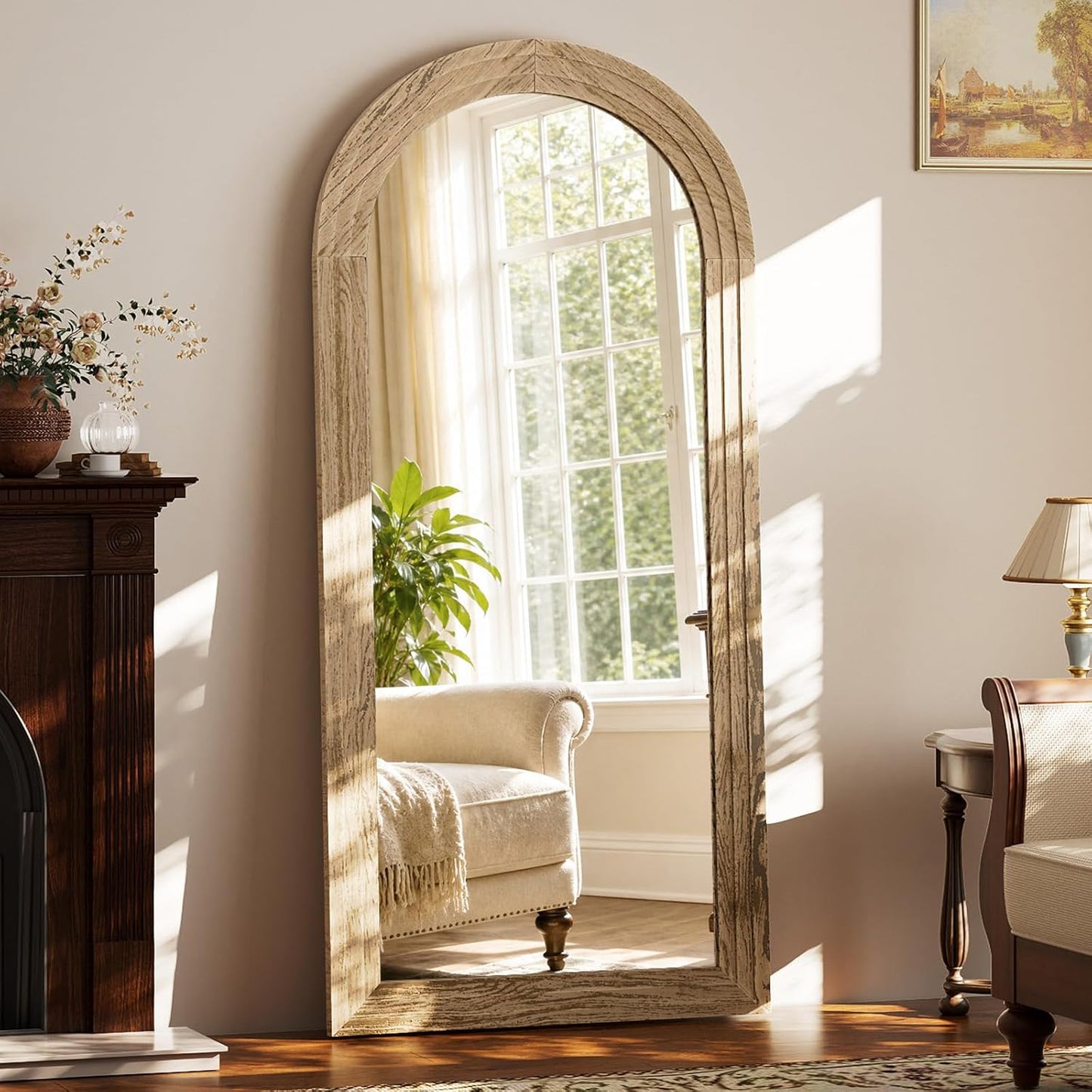 XRAMFY Full Length Mirror 65" x 22", Arched Large Floor Mirror with Solid Wood Frame, Freestanding & Wall Mounted, Antique Brown Finish for Bedroom Living Room