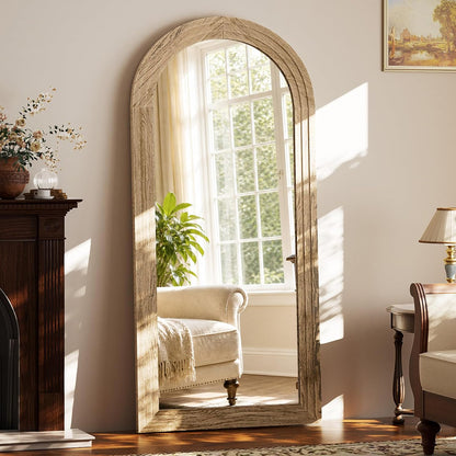 XRAMFY Full Length Mirror 65" x 22", Arched Large Floor Mirror with Solid Wood Frame, Freestanding & Wall Mounted, Antique Brown Finish for Bedroom Living Room