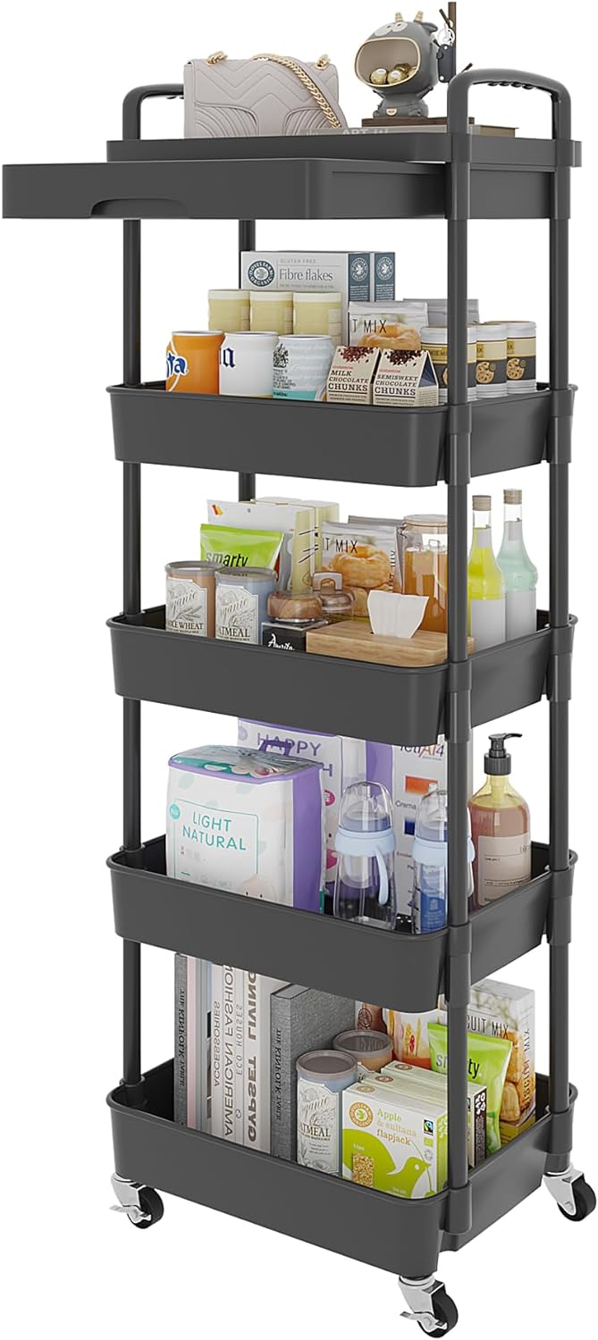 Calmootey 3-Tier Rolling Utility Cart with Drawer,Multifunctional Storage Organizer with Plastic Shelf & Metal Wheels,Storage Cart for Kitchen,Bathroom,Living Room,Office,White