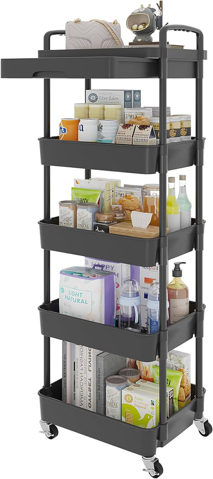 Calmootey 3-Tier Rolling Utility Cart with Drawer,Multifunctional Storage Organizer with Plastic Shelf & Metal Wheels,Storage Cart for Kitchen,Bathroom,Living Room,Office,White