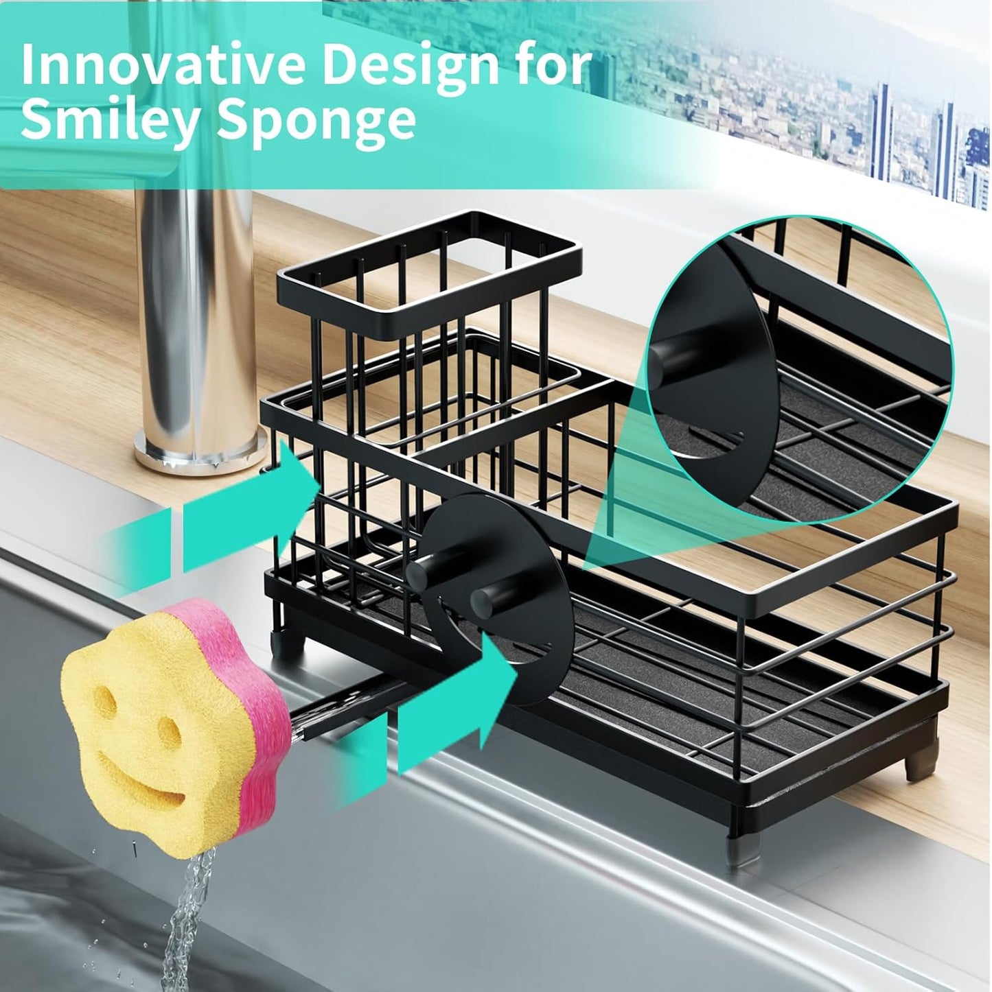 HapiRm Sponge Holder for Kitchen Sink - Self-draining Sink Caddy with Brush and Dishcloth Holders, Stainless Steel Kitchen Countertop Organizers and Storage Essentials - Black