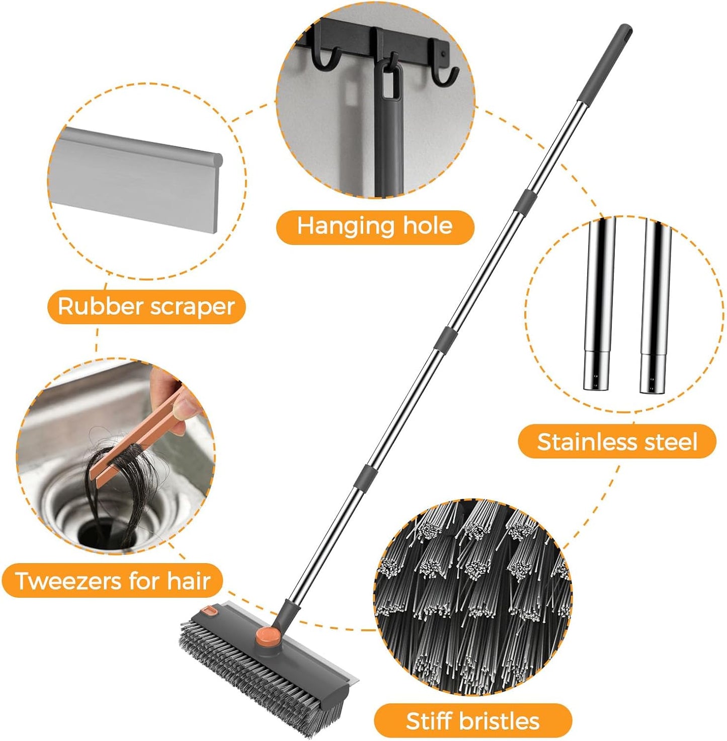 SetSail Floor Scrub Brush, 3 in 1 Floor Scrub Brush with 54-in Adjustable Long Handle and Scraper Heavy Duty Stiff Bristle Floor Scrubber for Cleaning Shower Bathroom Kitchen Patio Garage, Grey&White