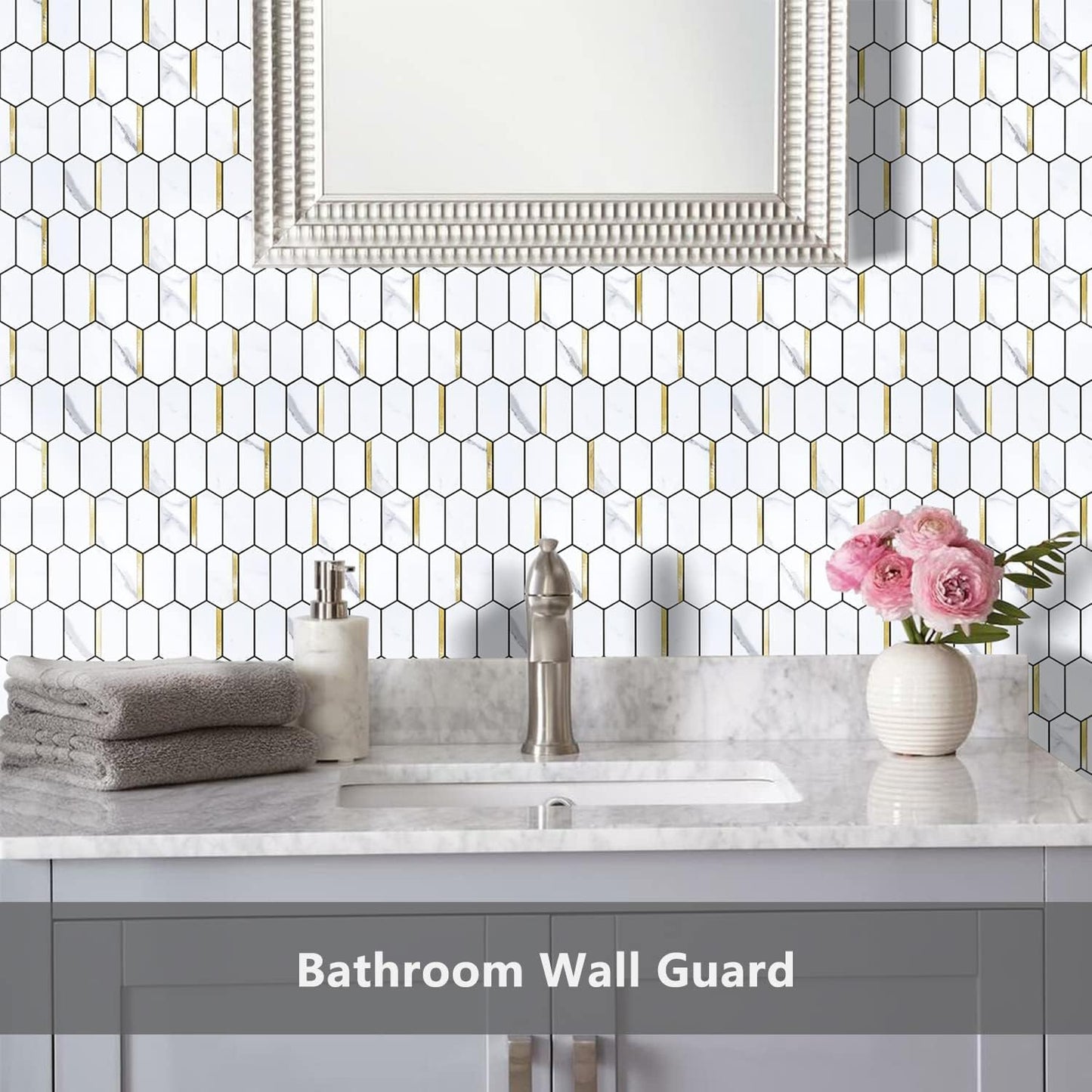 Vamos Tile Long Hexagon Peel and Stick Backsplash Tile - 10 Sheets Stick on Backsplash for Kitchen and Bathroom 12.4 x 12 Inch Glossy Wood Grain PVC Self Adhesive Mosaic Wall Tiles