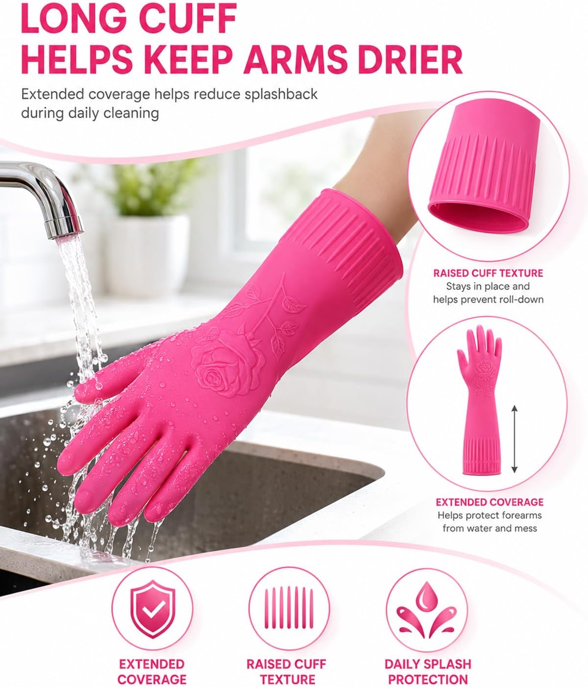 Disfore Rubber-Gloves Dishwashing Gloves for Cleaning-Kitchen - 2 Pairs Long Household Cleaning Gloves for Washing Dishes