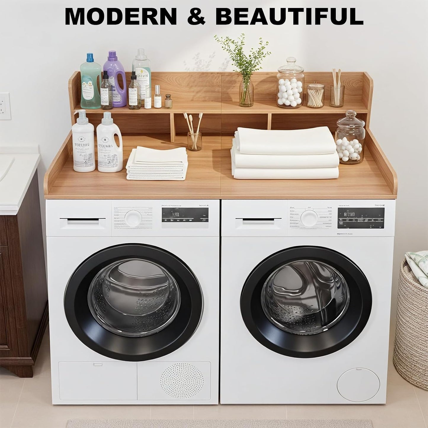 Washer Dryer Countertop with Shelf, 2-Tier Laundry Countertop Over Washer and Dryer, 54" x 27.55" Wooden Table for Folding Clothes for Laundry Room Organization and Storage (Black)
