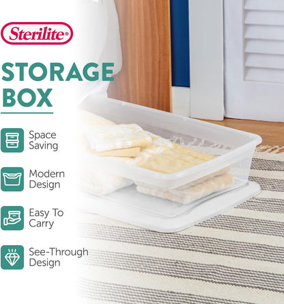 Sterilite 6 Pack Storage Box, 41 Quart Stackable Tote, Clear Plastic Container with Secure Snapping White Lids for Home and Office Organization