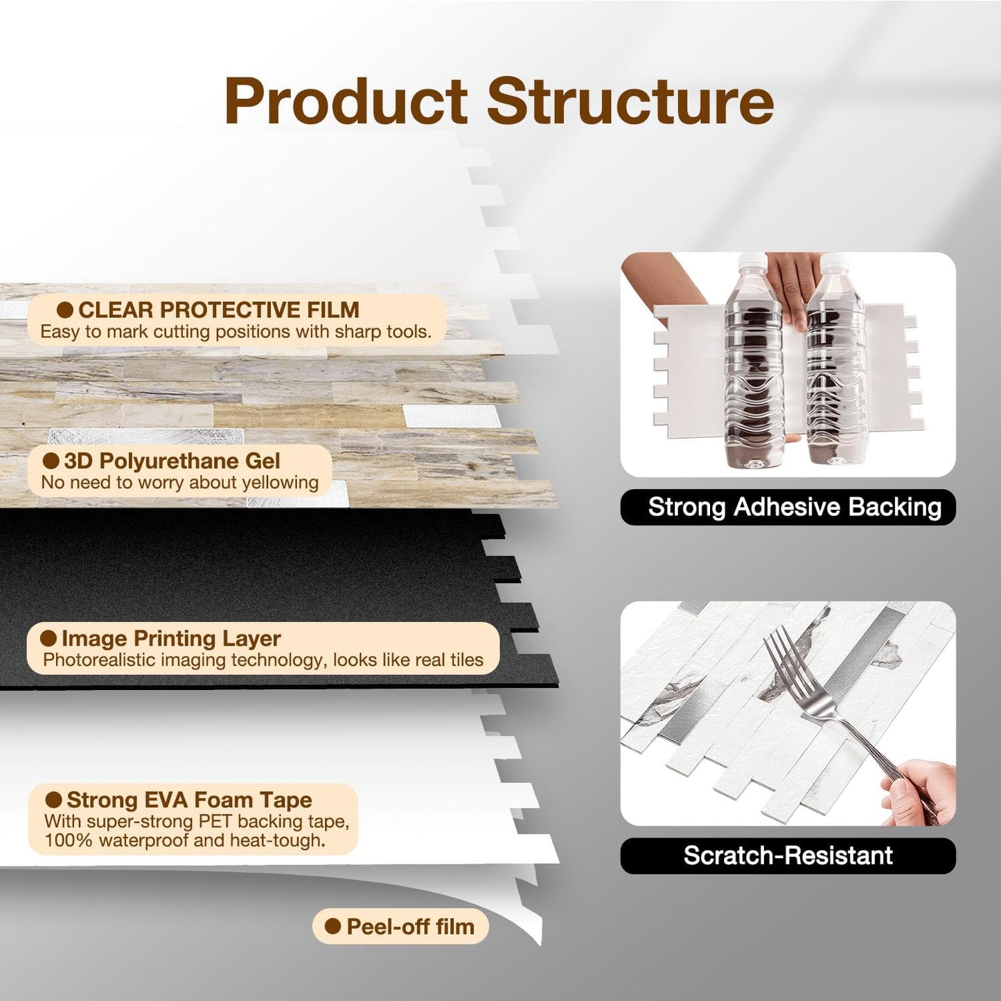 Peel and Stick Backsplash Tile Waterproof Removable PVC Wall Sticker 3D Faux Stone Marble Brick White Accent Panels (White Marble - Metal Silver, 20 Tiles - 9 sq. ft. (0.84 M²))