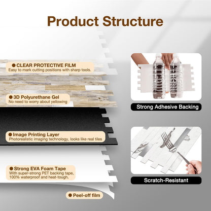 Peel and Stick Backsplash Tile Waterproof Removable PVC Wall Sticker 3D Faux Stone Marble Brick White Accent Panels (White Marble - Metal Silver, 20 Tiles - 9 sq. ft. (0.84 M²))