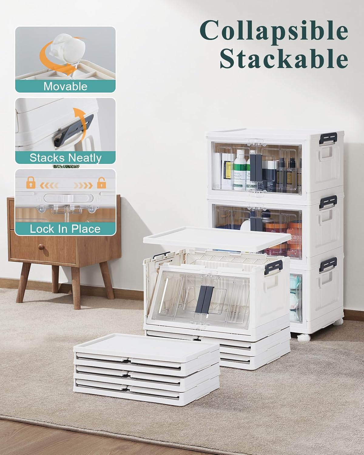 OlarHike 144QT Lockable Storage Bins with Lids - Folding Cabinet with Doors & Wheels, Collapsible Plastic Drawers for Dorm, Closets, Office, Game Day, College, Stackable Organizer, Gifts, 3 Pack