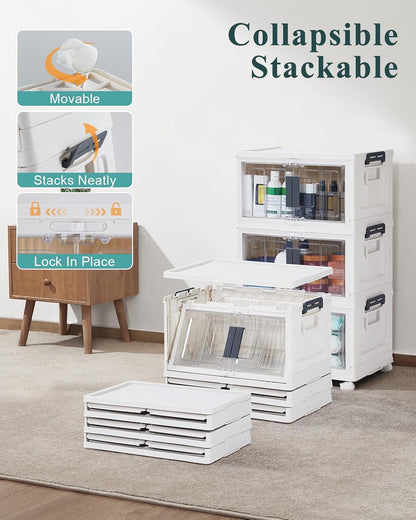 OlarHike 144QT Lockable Storage Bins with Lids - Folding Cabinet with Doors & Wheels, Collapsible Plastic Drawers for Dorm, Closets, Office, Game Day, College, Stackable Organizer, Gifts, 3 Pack