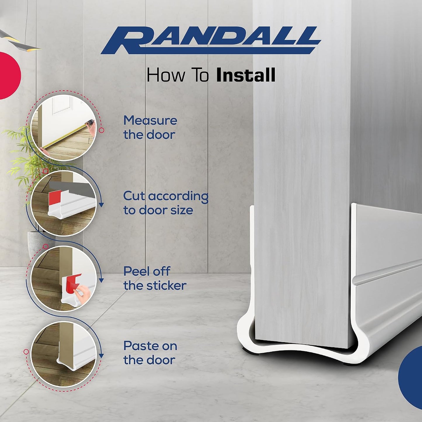 Flexible Adhesive PVC Door Bottom – 39” Long | Fits Standard 1 3/4” Doors | Self Stick Under Door Draft Stopper | Weather Stripping Seal for Noise, Dust, Air & Bug Protection (White, 39" Long)
